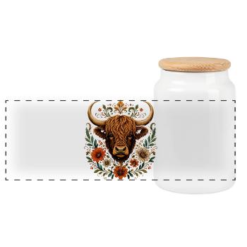 Highland Cow Lover Farm Animal Themed Country - Panoramic Cookie Jar with Wooden Lid - white - Front