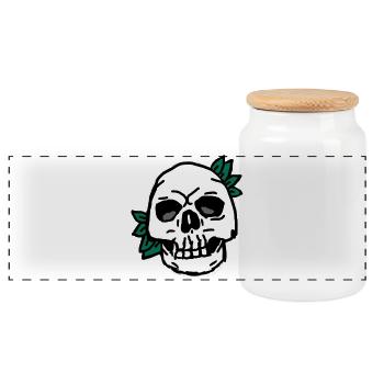 Crâne avec accent de feuilles vertes - Boîte à biscuits avec couvercle en bois - blanc - Devant
