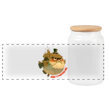 Grumpy puffer fish with top hat - Panoramic Cookie Jar with Wooden Lid - white - Front