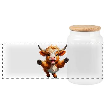 Highland cow in leap – Dynamic animal design - Panoramic Cookie Jar with Wooden Lid - white - Front