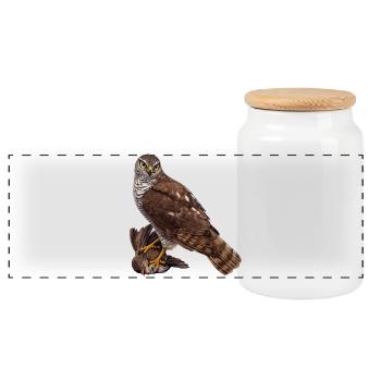Falcon with sparrow - Panoramic Cookie Jar with Wooden Lid - white - Front
