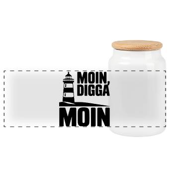  Moin Digga Moin Leuchtturm Norddeutsch Küste - Panorama Keksdose mit Holzdeckel - Weiß - Vorne