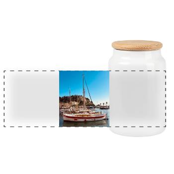 Voiliers dans le port au ciel bleu - Boîte à biscuits avec couvercle en bois - blanc - Devant
