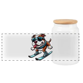 Dog Bulldog Snowboard Winter Sports Beginner - Panoramic Cookie Jar with Wooden Lid - white - Front
