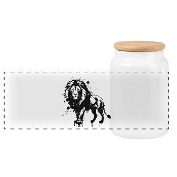 Black Ink Splattered Lion - Panoramic Cookie Jar with Wooden Lid - white - Front