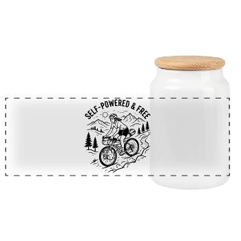 Bikepacking Woman Linocut Kunstdruck - Panorama Keksdose mit Holzdeckel - Weiß - Vorne