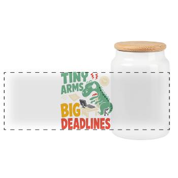 T-Rex with small arms in the office - Panoramic Cookie Jar with Wooden Lid - white - Front
