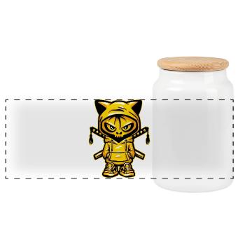 Ninja Skull Cat - Panoramic Cookie Jar with Wooden Lid - white - Front