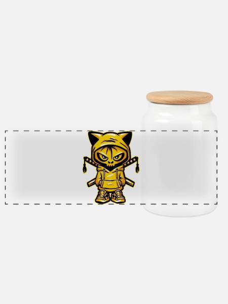 Ninja Skull Cat - Panoramic Cookie Jar with Wooden Lid - white