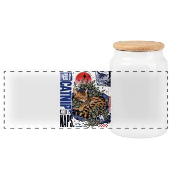 Powered by Catnip and Naps – Cozy Bengal Cat - Panoramic Cookie Jar with Wooden Lid - white - Front