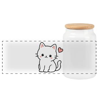 Cute White Kawaii Cat With Heart - Panoramic Cookie Jar with Wooden Lid - white - Front