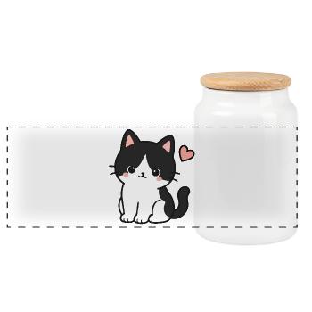 Cute Black Cat With Heart - Panoramic Cookie Jar with Wooden Lid - white - Front