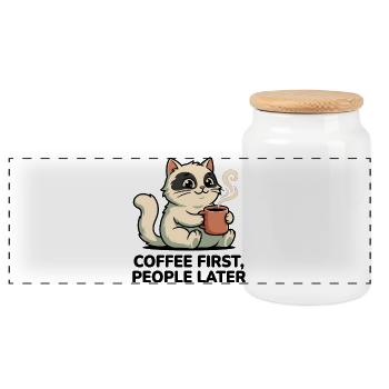 Coffee Cat: Coffee First - Panoramic Cookie Jar with Wooden Lid - white - Front