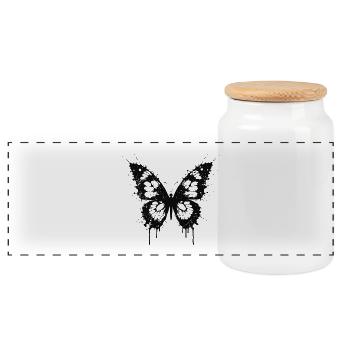 Black Butterfly Splashing - Panoramic Cookie Jar with Wooden Lid - white - Front