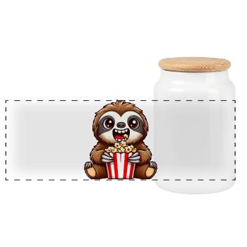Sloth Popcorn Cinema Movies Series Lovers - Panoramic Cookie Jar with Wooden Lid - white - Front