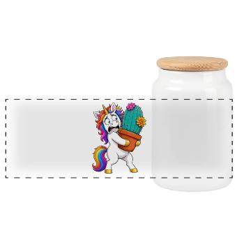 Funny Unicorn Cactus Hug - Panoramic Cookie Jar with Wooden Lid - white - Front