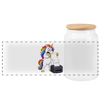 Funny Unicorn Printer Jam Rage - Panoramic Cookie Jar with Wooden Lid - white - Front