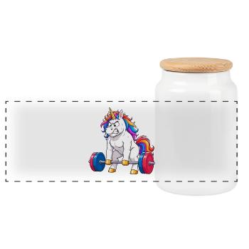 Funny Unicorn Gym Deadlift - Panoramic Cookie Jar with Wooden Lid - white - Front