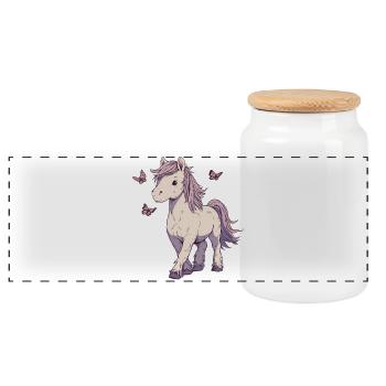 Pony mit Schmetterlingen - Panorama Keksdose mit Holzdeckel - Weiß - Vorne