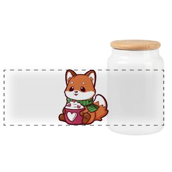 Cuddly Fox with Hearts Mug and Scarf - Panoramic Cookie Jar with Wooden Lid - white - Front