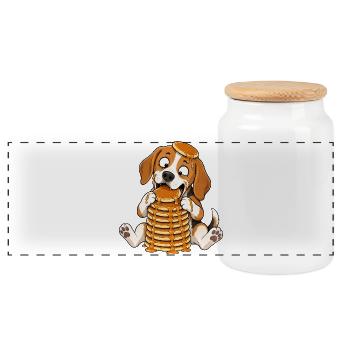 Beagle with Pancakes Funny Cartoon - Panoramic Cookie Jar with Wooden Lid - white - Front