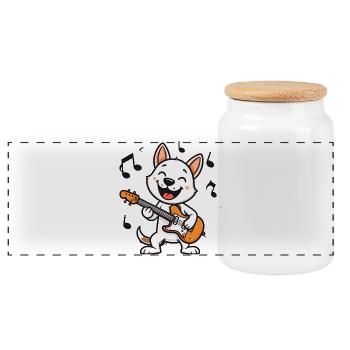 Funny Comic Cat Playing Guitar – Rocker Music - Panoramic Cookie Jar with Wooden Lid - white - Front
