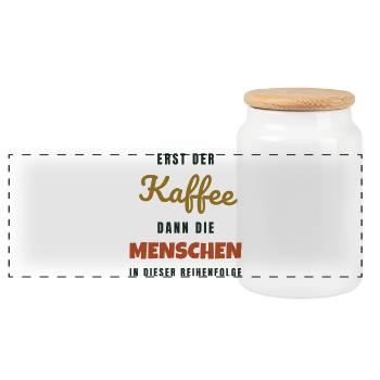 Erst der Kaffee dann die Menschen - Büro Spruch - Panorama Keksdose mit Holzdeckel - Weiß - Vorne