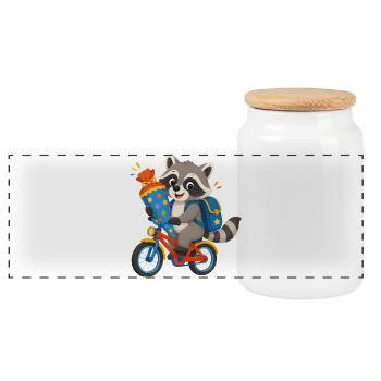 Raton laveur avec cône d’école sur vélo - Boîte à biscuits avec couvercle en bois - blanc - Devant
