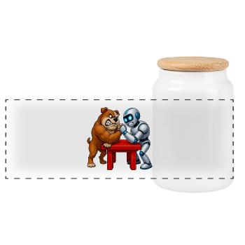 Bulldog Arm Wrestling Nervous Robot - Panoramic Cookie Jar with Wooden Lid - white - Front