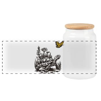 Turtle and butterfly - Panoramic Cookie Jar with Wooden Lid - white - Front