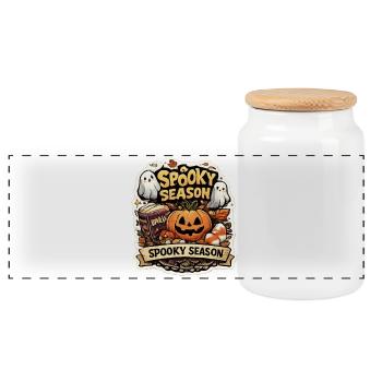 Spooky Season Pumpkin & Ghosts - Panoramic Cookie Jar with Wooden Lid - white - Front