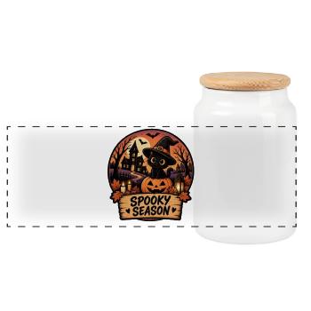 Spooky Cat Pumpkin Magic - Panoramic Cookie Jar with Wooden Lid - white - Front