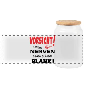 Vorsicht Nerven liegen blank Burn Out Sprüche Fun - Panorama Keksdose mit Holzdeckel - Weiß - Vorne