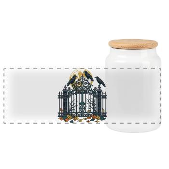 Krähen auf dem Friedhofstor - Panorama Keksdose mit Holzdeckel - Weiß - Vorne