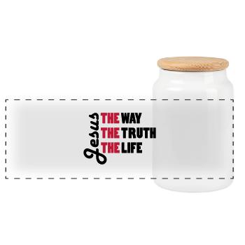 Jesus - way, truth, life - Panoramic Cookie Jar with Wooden Lid - white - Front
