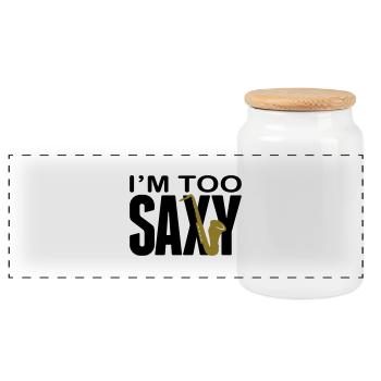 I'm too Saxy - Saxophone - Saxofon -Blasinstrument - Panorama Keksdose mit Holzdeckel - Weiß - Vorne