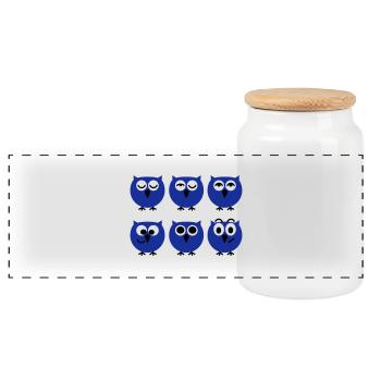 Funny Owl Faces | T-shirts printing - Panoramic Cookie Jar with Wooden Lid - white - Front