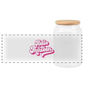 13th Birthday Gift, Hello Thirteen, 13 Years Old - Panoramic Cookie Jar with Wooden Lid - white - Front