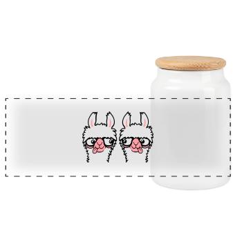 2 Llama Nerds Geeks Team Horn-rimmed Glasses Smart Grimace - Panoramic Cookie Jar with Wooden Lid - white - Front
