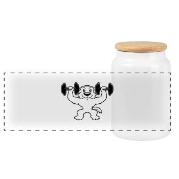 Dog Bodybuilder Strong Muscles Gym Weightlifting - Panoramic Cookie Jar with Wooden Lid - white - Front