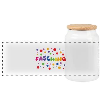 Fasching bunte Karneval Fastnacht Aufschrift - Panorama Keksdose mit Holzdeckel - Weiß - Vorne
