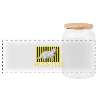 Wanted Punk Cat on Yellow Stripes - Panoramic Cookie Jar with Wooden Lid - white - Front