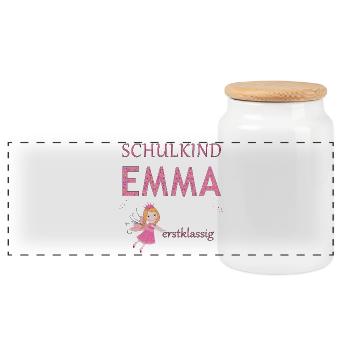 Schoolchild Emma first class - Panoramic Cookie Jar with Wooden Lid - white - Front