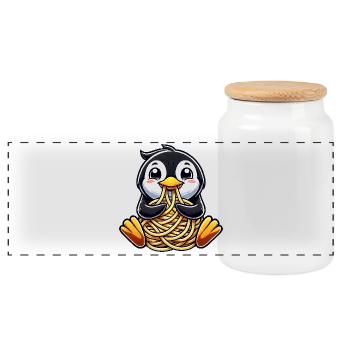 Clumsy penguin eats spaghetti - Panoramic Cookie Jar with Wooden Lid - white - Front