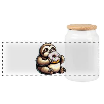 Cute Sloth Donut Cartoon Animal - Panoramic Cookie Jar with Wooden Lid - white - Front