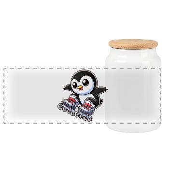Cute Penguin Inline Skates Cartoon - Panoramic Cookie Jar with Wooden Lid - white - Front