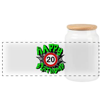 20. Geburtstag , Geburtstagsgeschenk Happy 20 (25) - Panorama Keksdose mit Holzdeckel - Weiß - Vorne