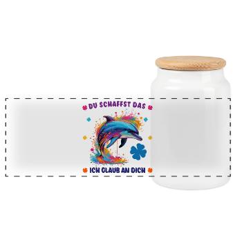 Du schaffst das! - Glücksbringer - Delphin Delfin - Panorama Keksdose mit Holzdeckel - Weiß - Vorne