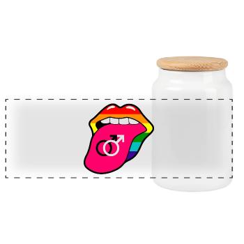 Gay pride rainbow mouth and tongue with gay symbol - Panoramic Cookie Jar with Wooden Lid - white - Front