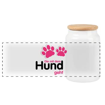Die mit dem Hund geht - Gassi gehen - Panorama Keksdose mit Holzdeckel - Weiß - Vorne